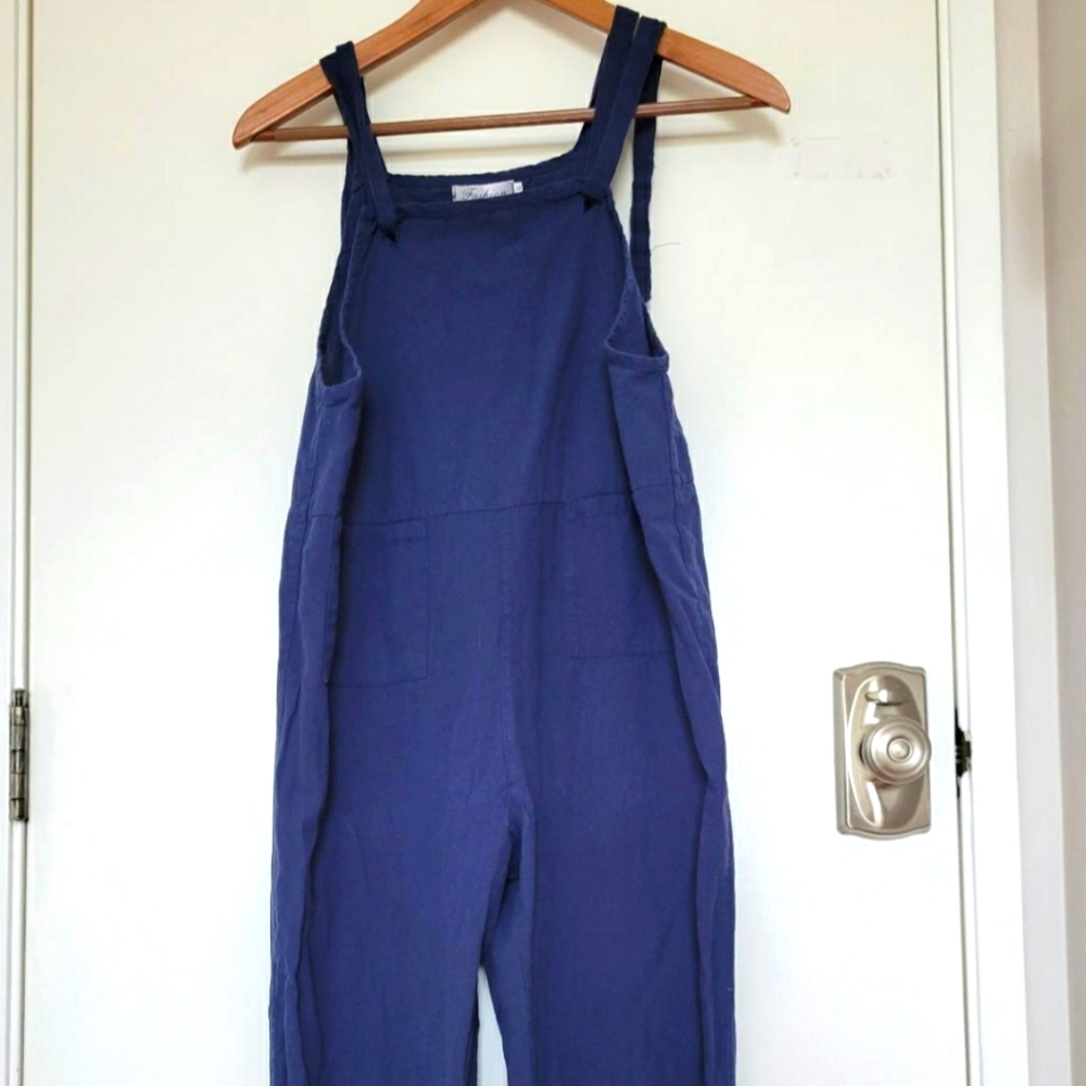 Navy linen cropped jumpsuit
